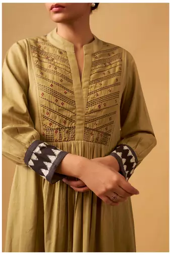 Mustard cotton suit set with embroidered yoke & printed dupatta