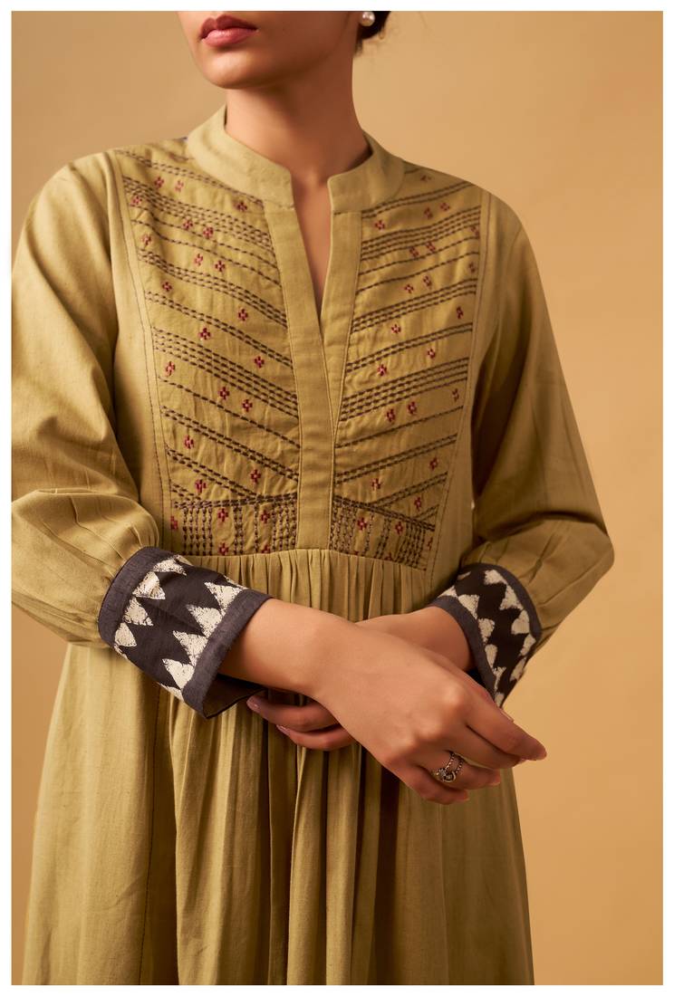 Mustard cotton suit set with embroidered yoke & printed dupatta