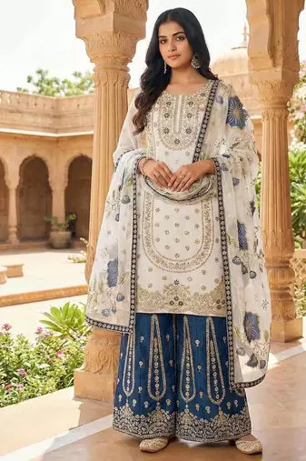 White Color Pure Gimmy Silk Heavy Embroidery Work Wedding wear palazzo pair