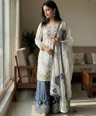 White Color Pure Gimmy Silk Heavy Embroidery Work Wedding wear palazzo pair 3