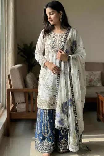White Color Pure Gimmy Silk Heavy Embroidery Work Wedding wear palazzo pair