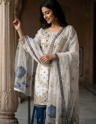 White Color Pure Gimmy Silk Heavy Embroidery Work Wedding wear palazzo pair 4
