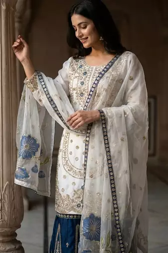 White Color Pure Gimmy Silk Heavy Embroidery Work Wedding wear palazzo pair