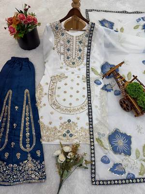 White Color Pure Gimmy Silk Heavy Embroidery Work Wedding wear palazzo pair 5