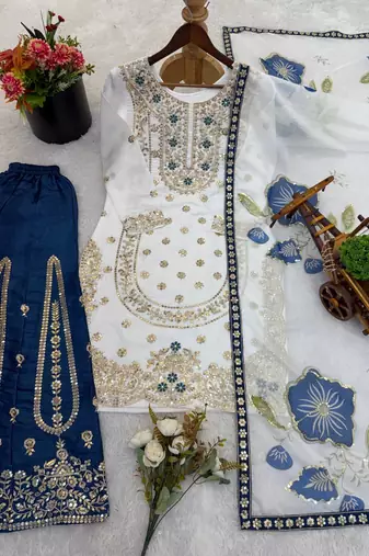 White Color Pure Gimmy Silk Heavy Embroidery Work Wedding wear palazzo pair