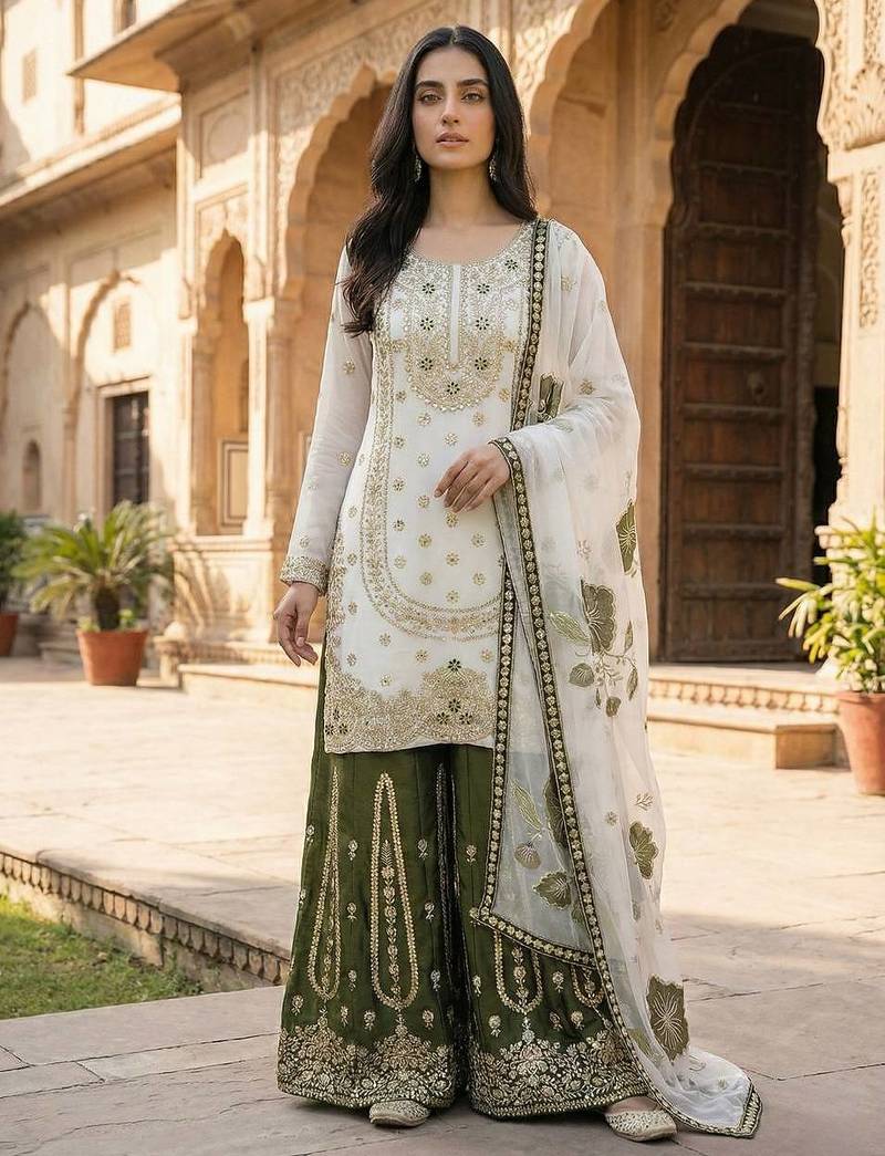 White Color Pure Gimmy Silk Heavy Embroidery Work Wedding wear palazzo pair 