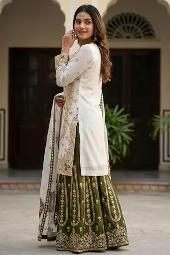 White Color Pure Gimmy Silk Heavy Embroidery Work Wedding wear palazzo pair