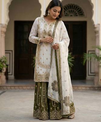 White Color Pure Gimmy Silk Heavy Embroidery Work Wedding wear palazzo pair 3
