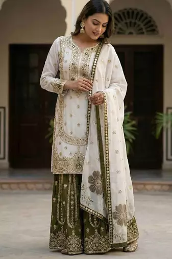 White Color Pure Gimmy Silk Heavy Embroidery Work Wedding wear palazzo pair