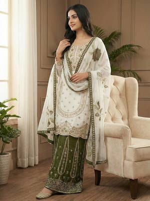 White Color Pure Gimmy Silk Heavy Embroidery Work Wedding wear palazzo pair 4