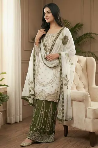 White Color Pure Gimmy Silk Heavy Embroidery Work Wedding wear palazzo pair