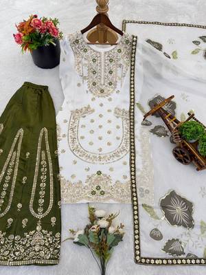 White Color Pure Gimmy Silk Heavy Embroidery Work Wedding wear palazzo pair 5