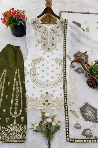 White Color Pure Gimmy Silk Heavy Embroidery Work Wedding wear palazzo pair