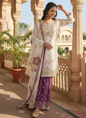 White Color Pure Gimmy Silk Heavy Embroidery Work Wedding wear palazzo pair 2