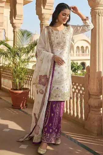 White Color Pure Gimmy Silk Heavy Embroidery Work Wedding wear palazzo pair