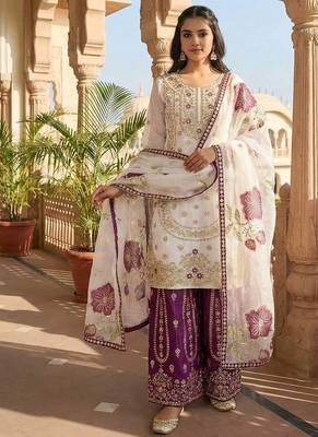 White Color Pure Gimmy Silk Heavy Embroidery Work Wedding wear palazzo pair 3