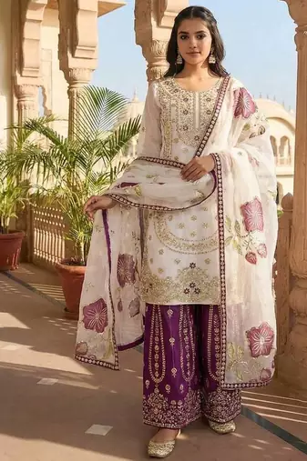 White Color Pure Gimmy Silk Heavy Embroidery Work Wedding wear palazzo pair
