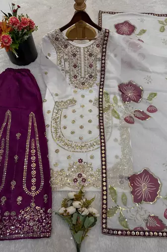 White Color Pure Gimmy Silk Heavy Embroidery Work Wedding wear palazzo pair