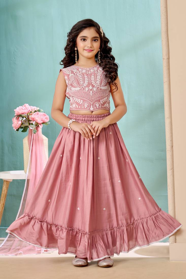 Pink thread embroidery art silk a line lehenga choli dupatta