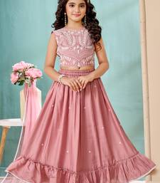 Pink thread embroidery art silk a line lehenga choli dupatta