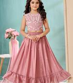 Pink thread embroidery art silk a line lehenga choli dupatta