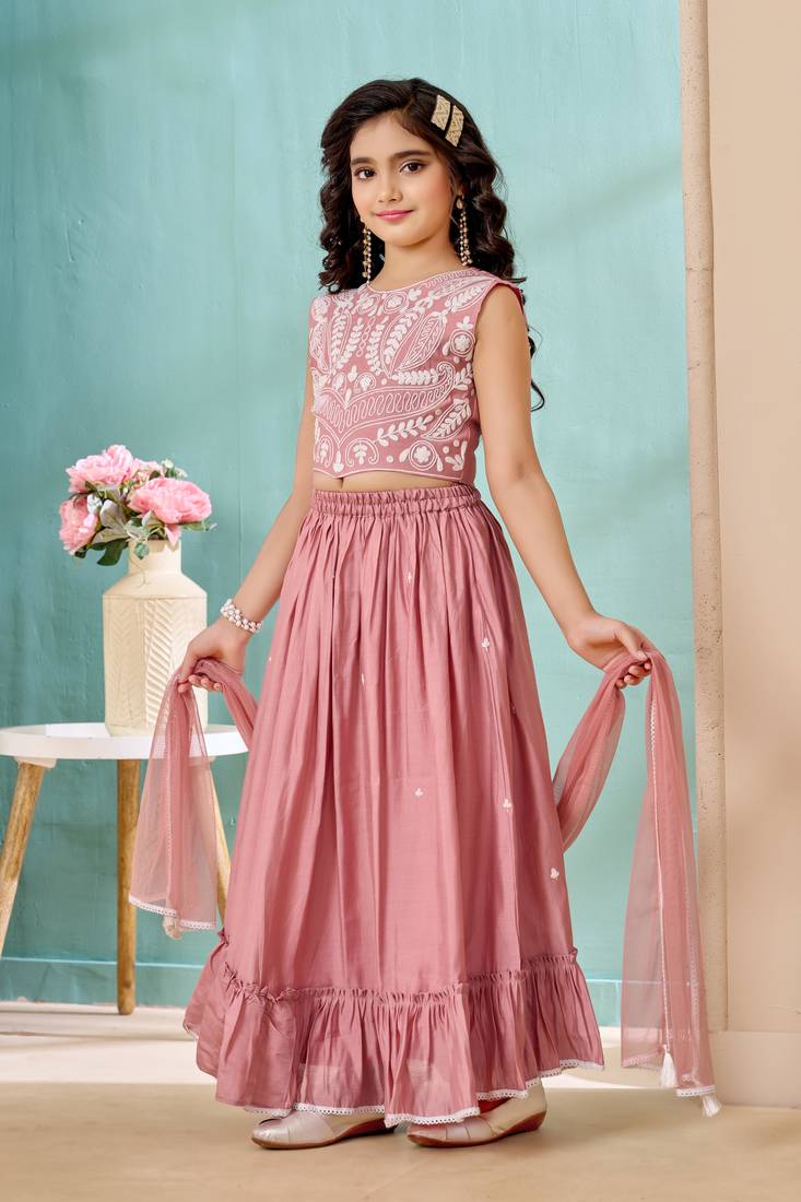 Pink thread embroidery art silk a line lehenga choli dupatta