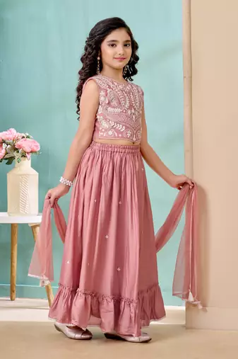 Pink thread embroidery art silk a line lehenga choli dupatta