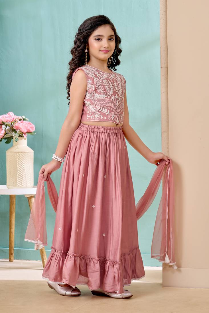 Pink thread embroidery art silk a line lehenga choli dupatta