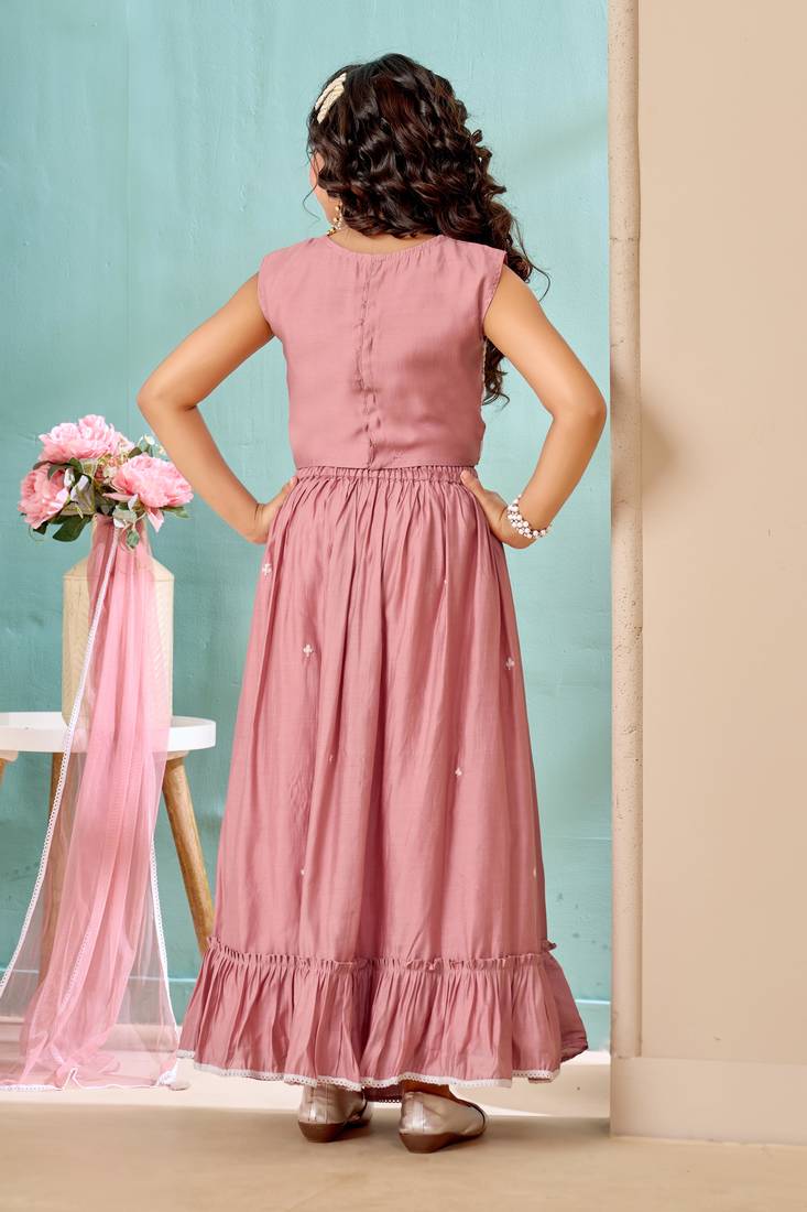 Pink thread embroidery art silk a line lehenga choli dupatta