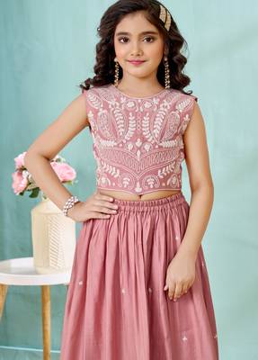 Pink thread embroidery art silk a line lehenga choli dupatta 6