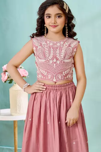 Pink thread embroidery art silk a line lehenga choli dupatta