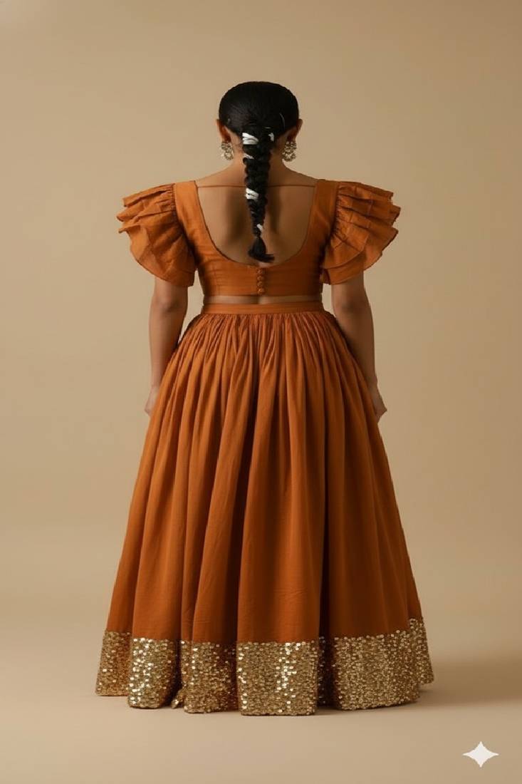 Rust Orange Lehenga Set with Ruffle Sleeve Blouse