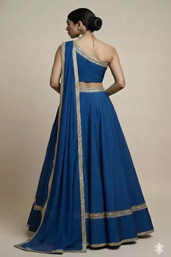 royal blue art silk one shoulder lehenga set with gold accents