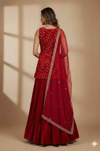 red velvet embroidered lehenga choli set with sheer dupatta