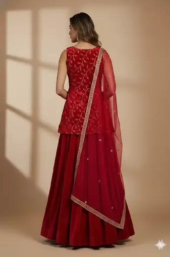 red velvet embroidered lehenga choli set with sheer dupatta