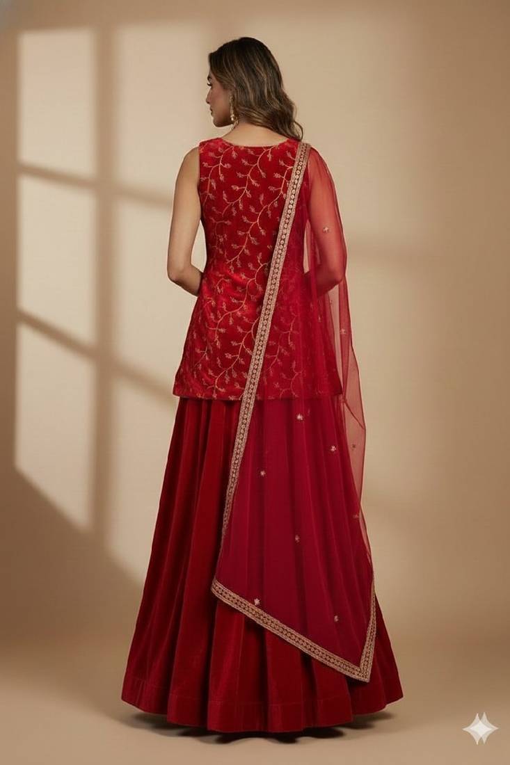 Red Embroidered Lehenga Set with Sheer Dupatta