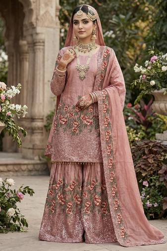 Peach Fendy Silk Wedding wear Designer Embroidery Sharara Set