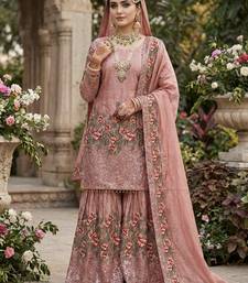 Peach Fendy Silk Wedding wear Embroidery Sharara Set