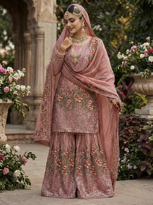 Peach Fendy Silk Wedding wear Embroidery Sharara Set 2