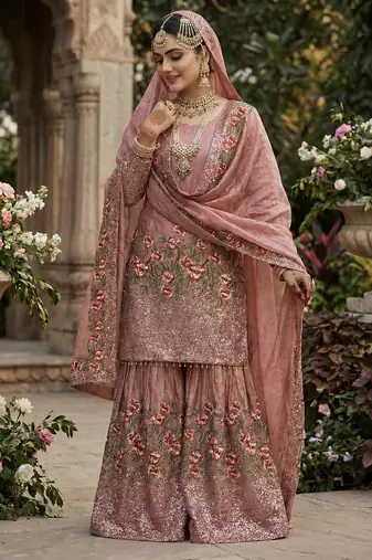 Peach Fendy Silk Wedding wear Designer Embroidery Sharara Set