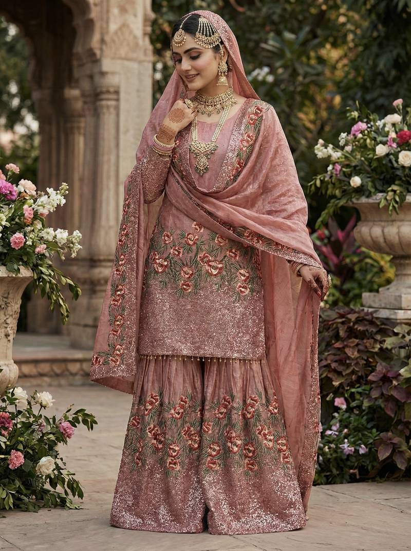 Peach Fendy Silk Wedding wear Designer Embroidery Sharara Set