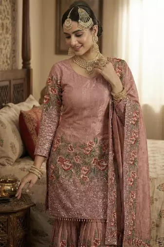 Peach Fendy Silk Wedding wear Designer Embroidery Sharara Set