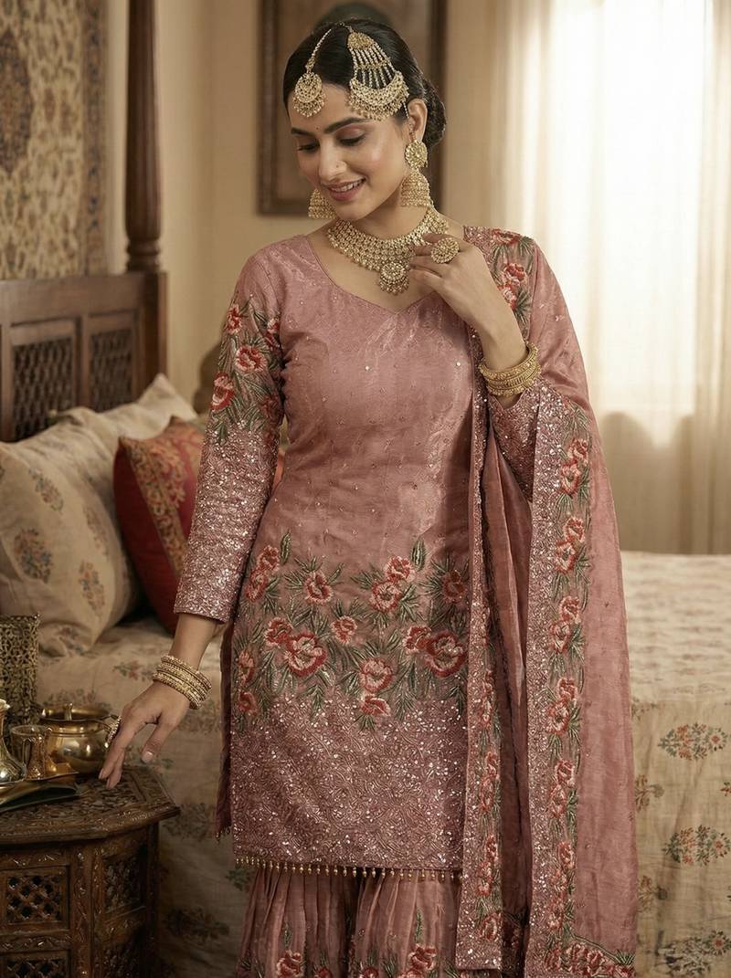 Peach Fendy Silk Wedding wear Designer Embroidery Sharara Set