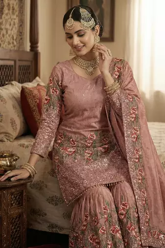 Peach Fendy Silk Wedding wear Designer Embroidery Sharara Set