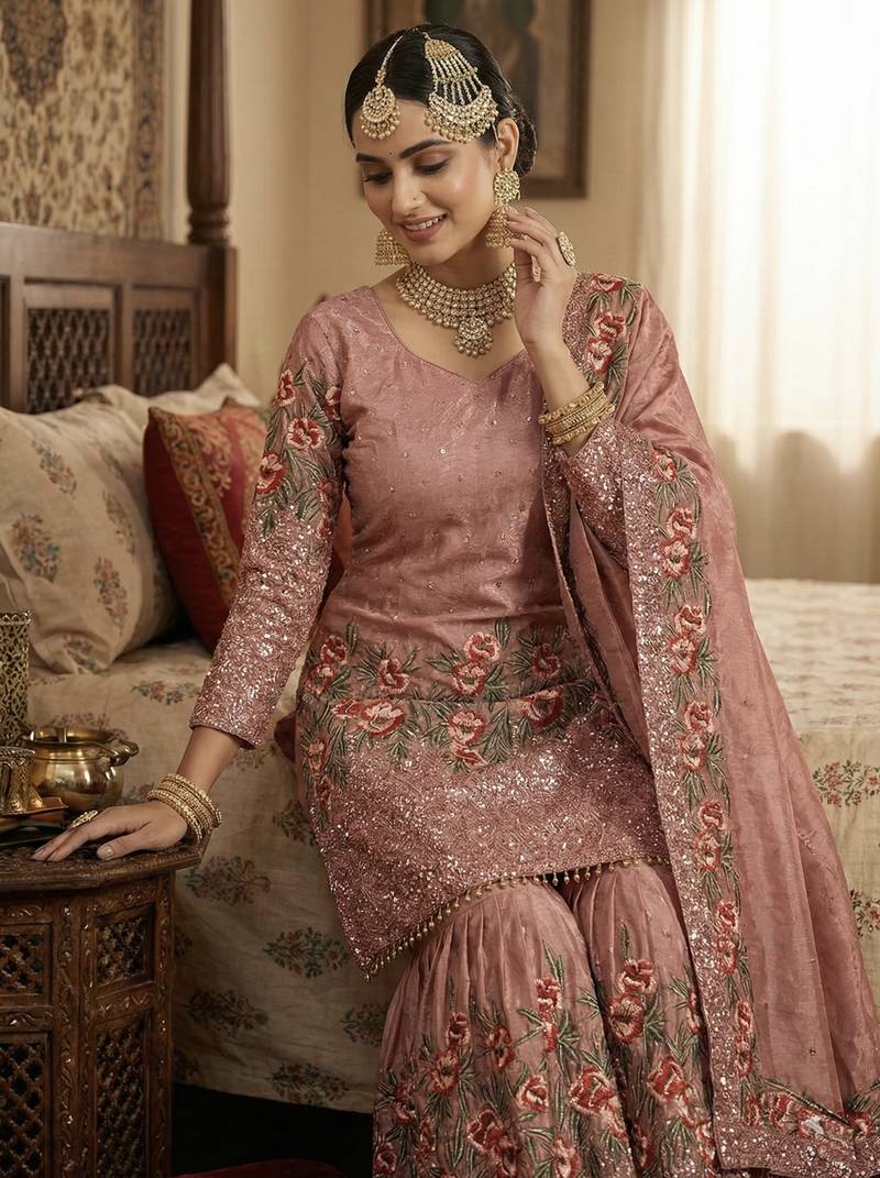 Peach Fendy Silk Wedding wear Designer Embroidery Sharara Set
