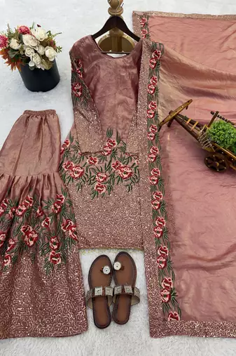 Peach Fendy Silk Wedding wear Designer Embroidery Sharara Set
