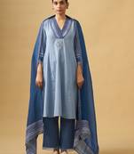 Blue elegant cotton slub kurta set with fine embroidery