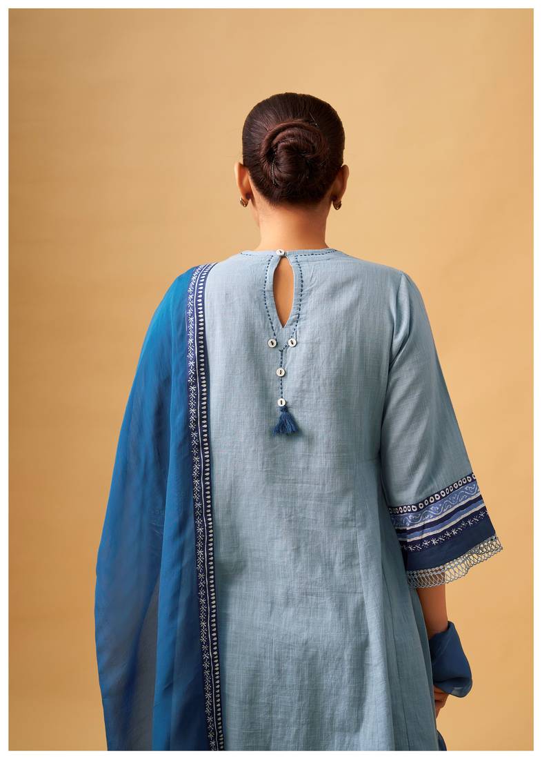 Blue elegant cotton slub kurta set with fine embroidery