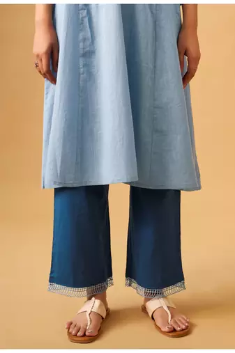 Blue elegant cotton slub kurta set with fine embroidery