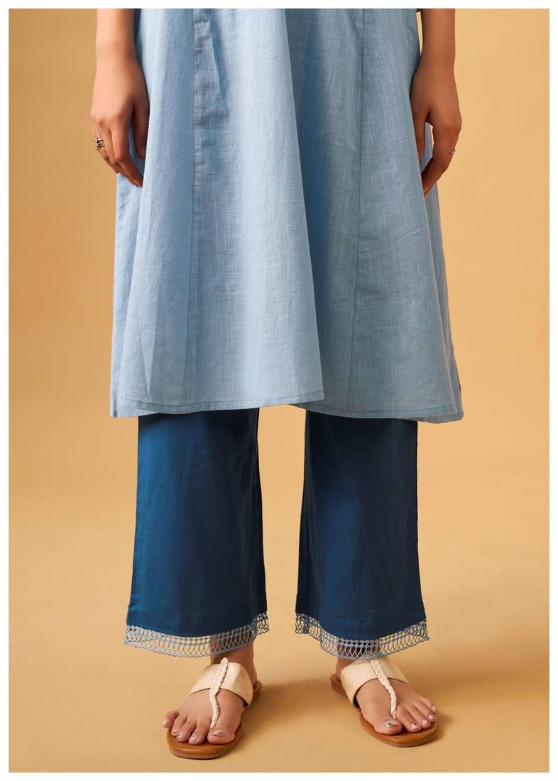 Blue elegant cotton slub kurta set with fine embroidery